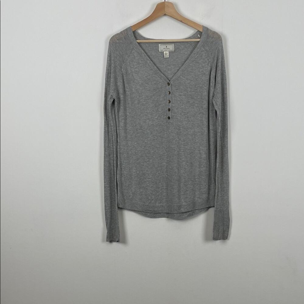Ruby Moon Henley V Neck Base Layer Gray Women's L Stretch Long Sleeve Knit Top
